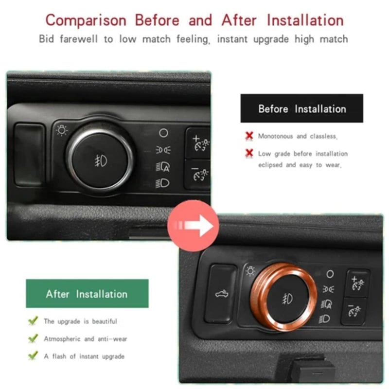 AuTK for Ford F150 2021 2022 2023 Knob Air Conditioner Switch & Trailer & 4WD & VOL & Headlight Button Ring Trim, Orange Aluminum, 7pcs - Image 5